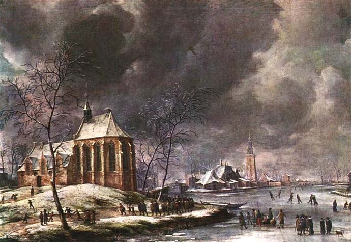 Jan Abrahamsz. Beerstraten Village of Nieukoop in Winter with Child Funeral